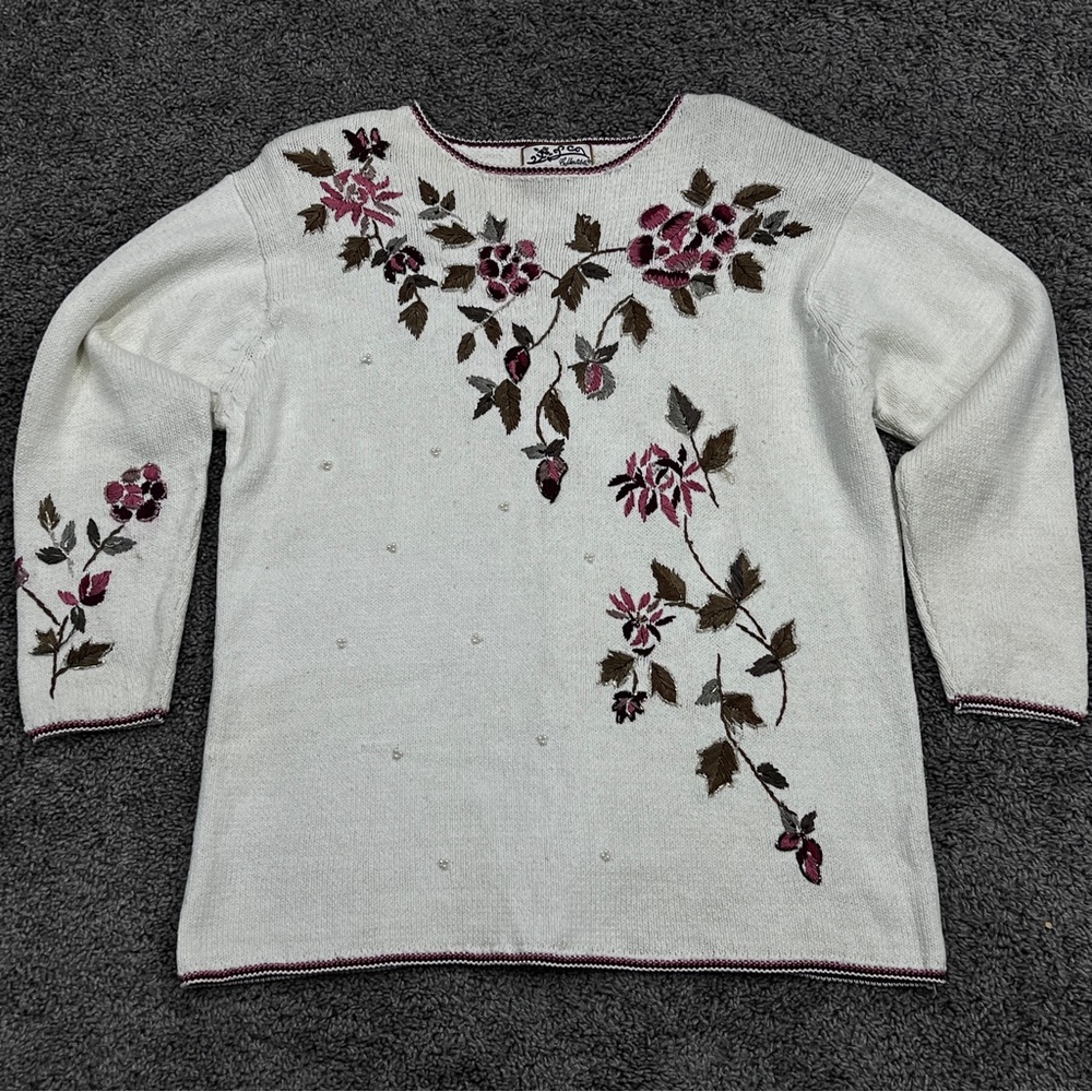 VTG Heirloom Collectibles Cardigan Knit Sweater Women Large Floral Spring Granny